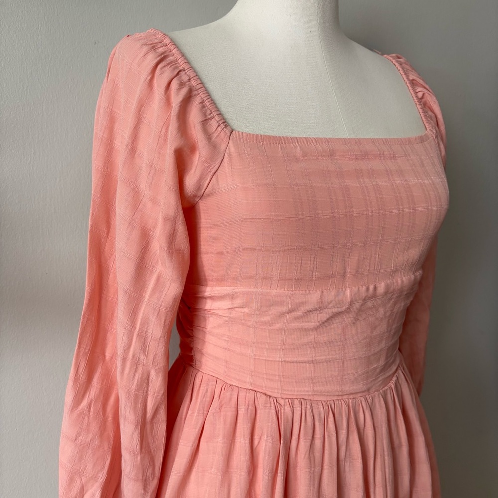 Peach Square Neck Puff Sleeve Mini Dress Back Tie | Size S Baby Doll - Picture 4 of 11